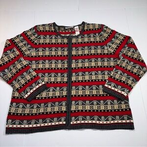 Vintage Meg Allen Sweater Women 1X Red Cardigan Nordic Fair Isle Y2K Holiday